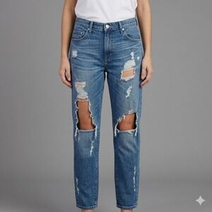 Lovers + Friends Ezra Distressed High‎ Rise Relaxed Straight Leg Jeans 30 Blue